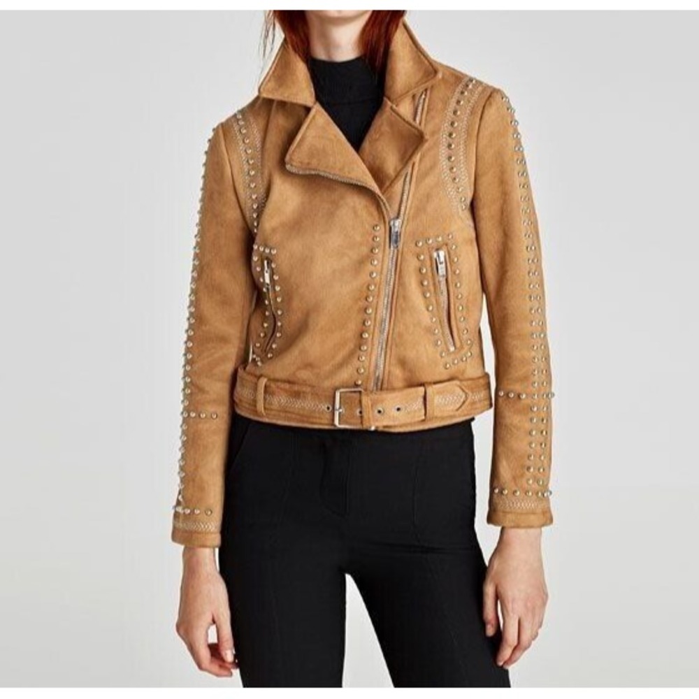 BKE Faux Suede Studded Stretch Asymmetrical Zip Moto Jacket Chestnut Brown Small - Picture 13 of 14